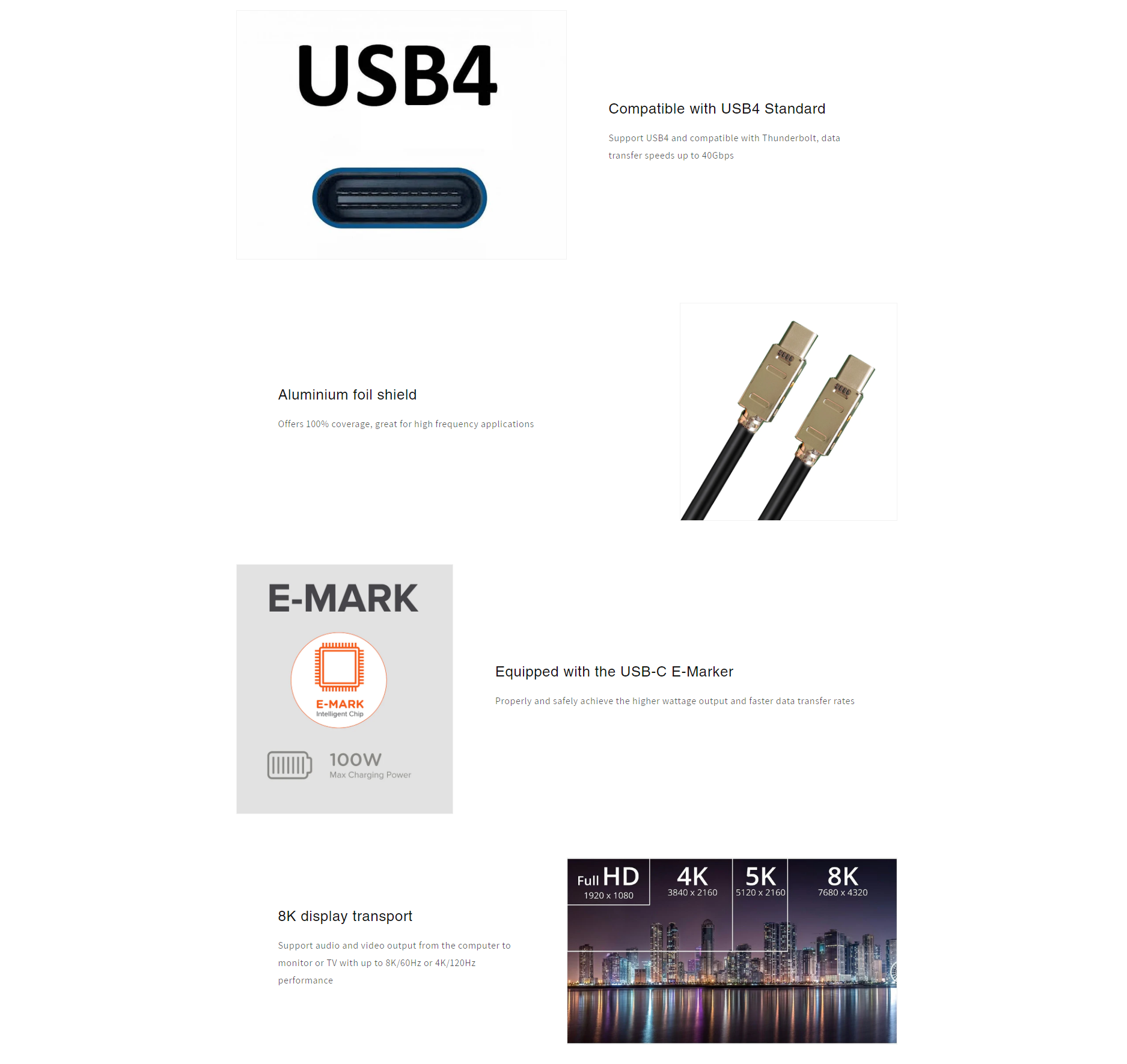 A large marketing image providing additional information about the product Cruxtec USB4 USB-C Full-Feature Coaxial Cable ( 240W, 40Gpbs, 8K@60Hz ) - 1m - Additional alt info not provided